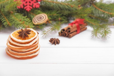Christmas fir tree decoration made of dried oranges.の写真素材
