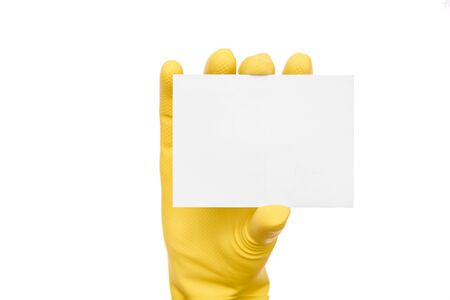 Card in the hand with the glove. Isolated on white background.の写真素材