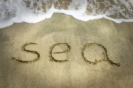 Wave washes away the sand on the sea the word.の写真素材