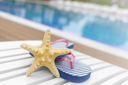 Beautiful starfish on a poolside lounger. Close-up.の写真素材