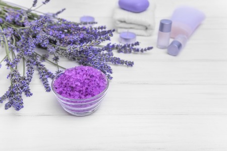 Lavender and sea salt still life on white boards.の写真素材