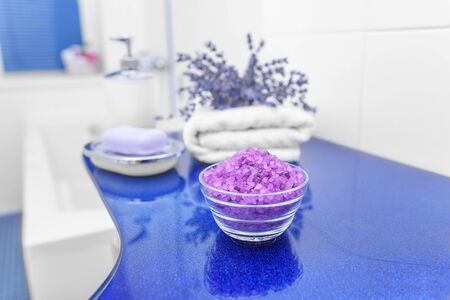 Sea salt and lavender in the bathroom. Still life.の写真素材