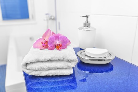 Basket with cosmetics in the bathroom. Still life close-up.の写真素材