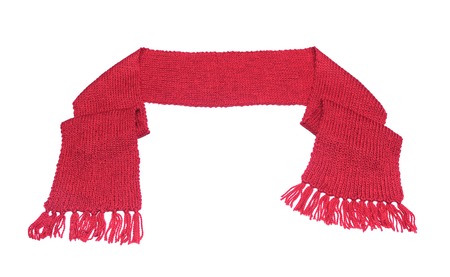 Red knitted scarf on a white background.の写真素材