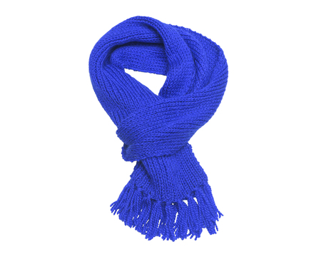 Blue knitted scarf on a white background.の写真素材