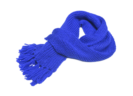Blue knitted scarf on a white background.の写真素材
