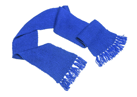 Blue knitted scarf on a white background.の写真素材