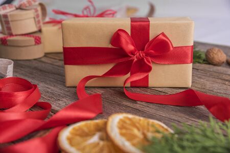Christmas present in the festive still life. Close-up.