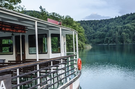 Ferry in the Plitvice Lakes - JUNE 28: Ferry on the Plitvice Lakes close-up. June 28, 2017. Croatia. Plitvice Lakes.のeditorial素材
