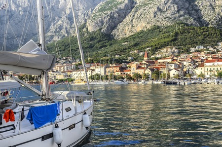 Sea Port in Makarska, Croatia at sunset.のeditorial素材