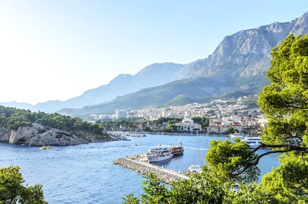 Sea Port in Makarska, Croatia at sunset.のeditorial素材