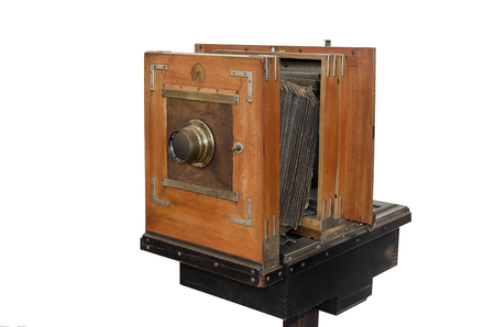 Old camera isolated on white background. Close-up.の写真素材