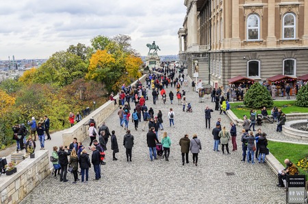Tourists on a viewing platform of the Royal Palace in Budapest.のeditorial素材