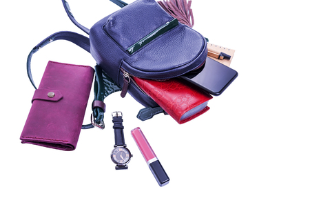 Female backpack and its contents.の写真素材