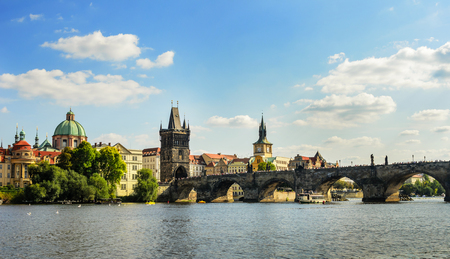 Charles Bridge. Prague, Czech Republic. View from the side.のeditorial素材