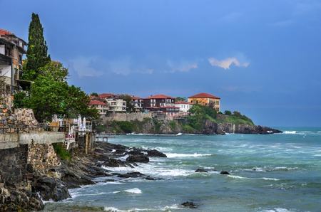 Sozopol, Bulgaria. Houses by the sea on a stormy day.のeditorial素材