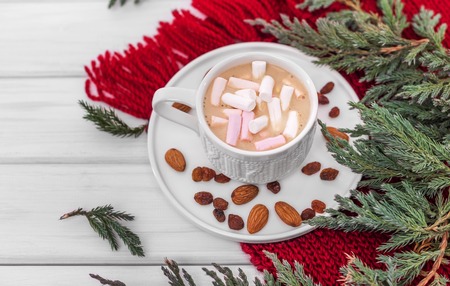 Cup of cappuccino on the background of a warm scarf and fir branches.