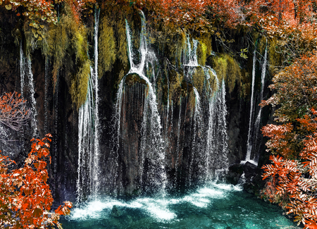 Lakes and waterfalls among the dense forest.の写真素材