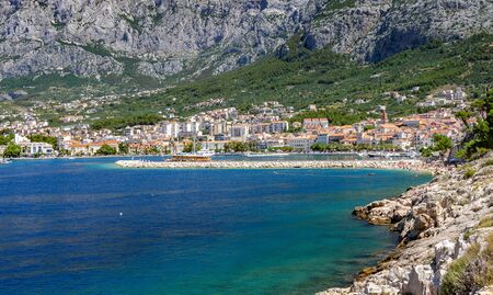 View of the resort town of Makarska on a summer day, in Makarska Riviera, Croatia.のeditorial素材