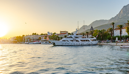 Boats on the pier in the resort town of Makarska, Croatia.のeditorial素材