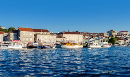 View of the port and embankment from the fortress of the city of Trogir.のeditorial素材