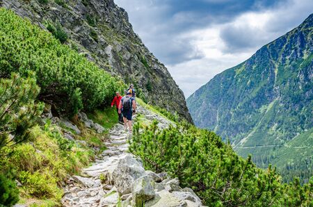 Tourists on mountain trails in Tatra Mountains, Slovakia.のeditorial素材