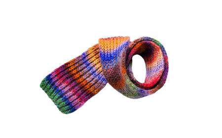Winter multi-colored woolen scarf on white background.の写真素材