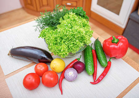 Healthy food products on the table in the kitchen.