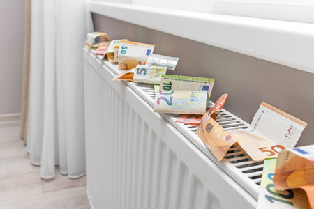 Money near the radiator. Expensive energy supply.の写真素材