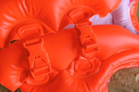 Fasteners on a childrens inflatable life jacket.の写真素材