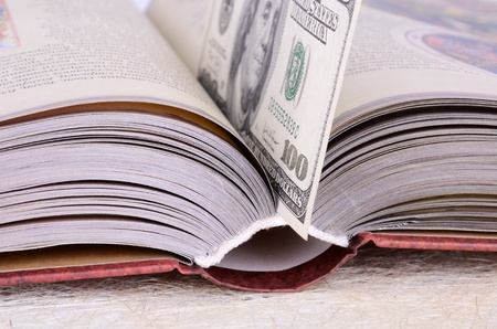Open book with a brown cover closeup  bank note with $100 as a bookmark in a book  Photography executed in brown, beige, light colors  Image horizontal の写真素材