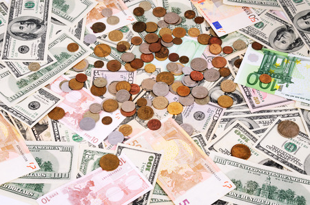 banknotes and coins of different countries  full frameの写真素材