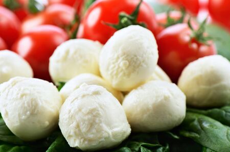 mozzarella cheese balls, ripe cherry tomatoes and greens close-up on the white background. horizontal formatの写真素材