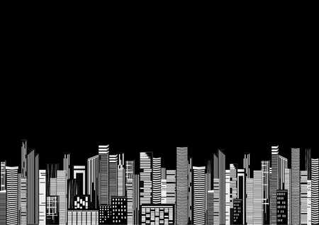 16 skyscraper in the city in the night, vector, horizontal, black and white imageのイラスト素材