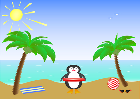 Two palm trees and a cute smiling penguin wearing sunglasses on a sandy island in the sea.のイラスト素材