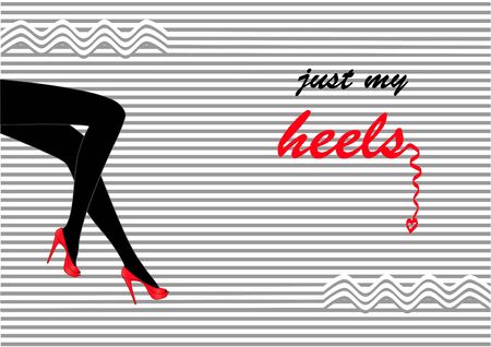 Silhouette of long female legs in red high-heeled shoes sitting on a grey-white striped background, side view, horizontalのイラスト素材