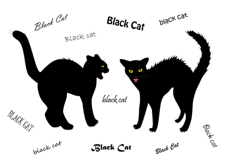 Two evil cats bared teeth isolated on the white background, text BLACK CAT written in different fontsのイラスト素材