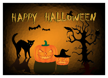 Halloween card angry black cat and two pumpkins on the dark orange background, horizontalのイラスト素材