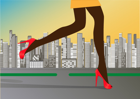 woman's slender legs in red high-heeled shoes run on the road against the background of skyscrapersのイラスト素材