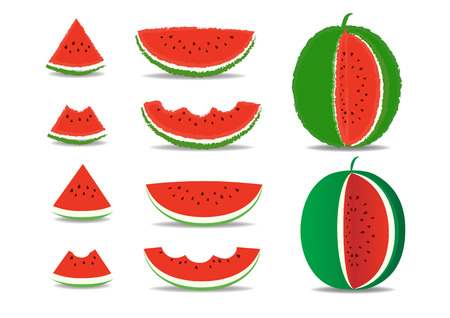 set of watermelon and slices  isolated on the white background, horizontal vector illustrationのイラスト素材