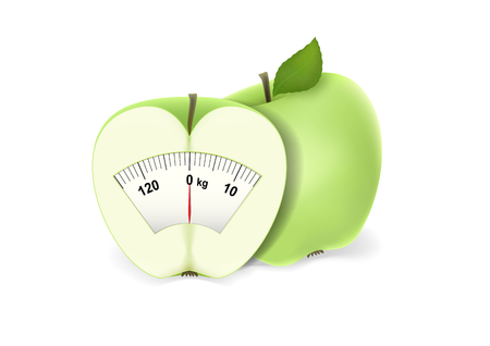 one and half green apple with a scale of weights isolated on the white background, horizontal vector illustrationのイラスト素材