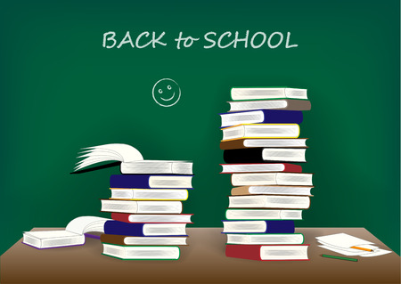 back to school text, many books on the desk on a blackboard background, horizontal vector illustrationのイラスト素材