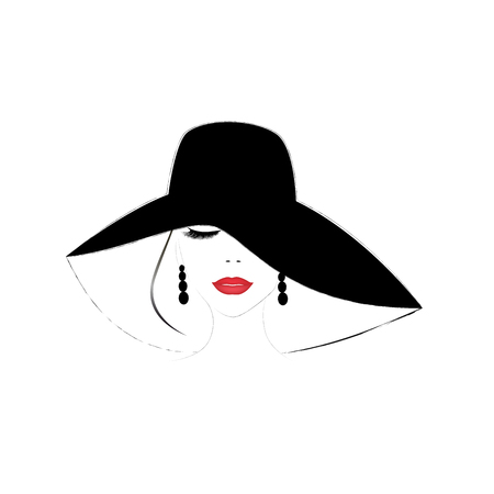 smiling beautiful woman face with closed eyes and red  lips in a wide brimmed hat, square vector illustrationのイラスト素材