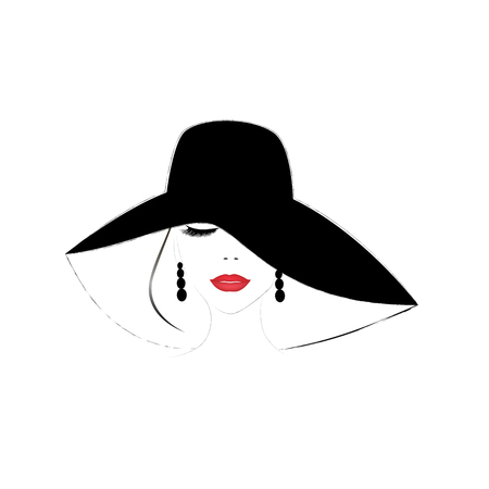 smiling beautiful woman face with closed eyes and red  lips in a wide brimmed hat, square vector illustration