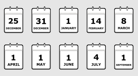set of icons calendar pages with different holiday dates, black and white, flat style, vector illustrationのイラスト素材