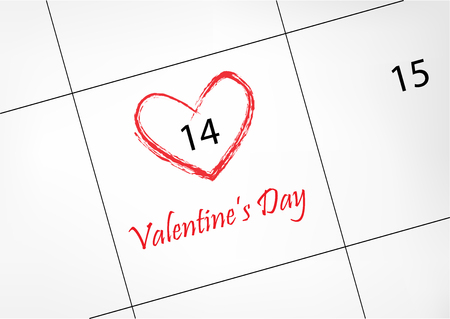 calendar with 14 february Valentines day date circled in red heart shape, horizontal vector illustrationのイラスト素材