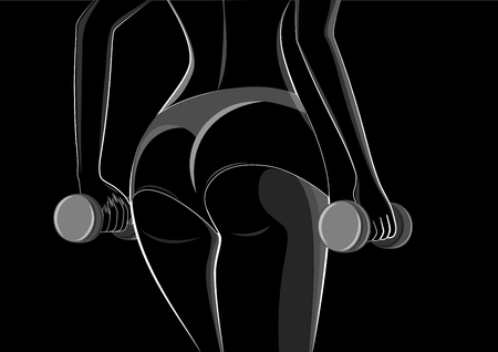 outline style woman athlete with dumbbells in her hands stands back close-up, isolated on a black background horizontal vector illustrationのイラスト素材