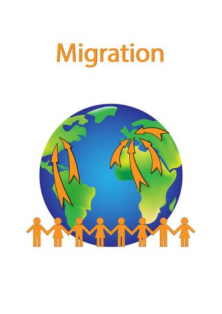 migration poster, orange people shapes and earth isolated on a white background vertical vector illustrationのイラスト素材