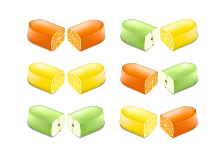 set of two halves of a pill with an apple, orange, lemon in a cut, horizontal vector illustration isolated on a white backgroundのイラスト素材