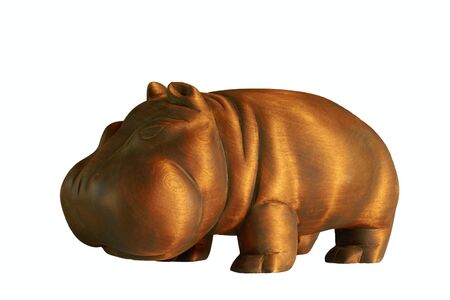 wooden figure of a hippopotamus isolated on white backgroundの写真素材